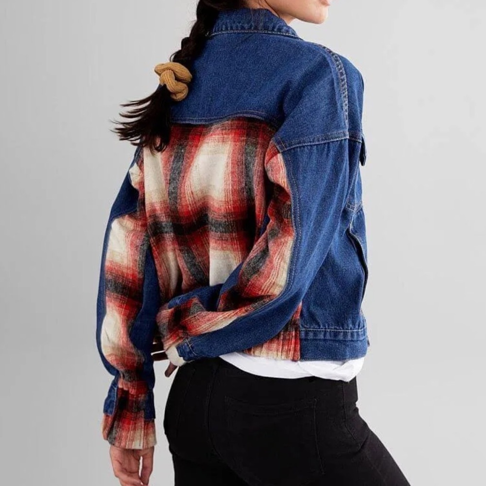 BKE Brushed Wool Blend Plaid Denim Jacket